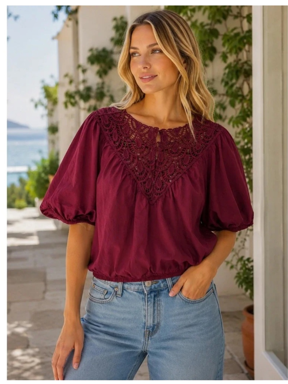 Calypso St Barth Crochet Lace Cotton Top Burgundy Puff Sleeve Women's Medium